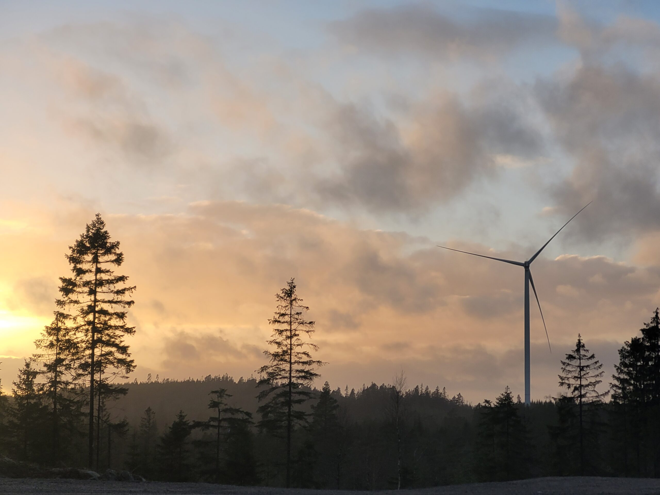 Onshore wind farm in Sweden at sunset