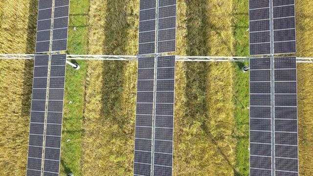 Solar farm on a field photographed from above