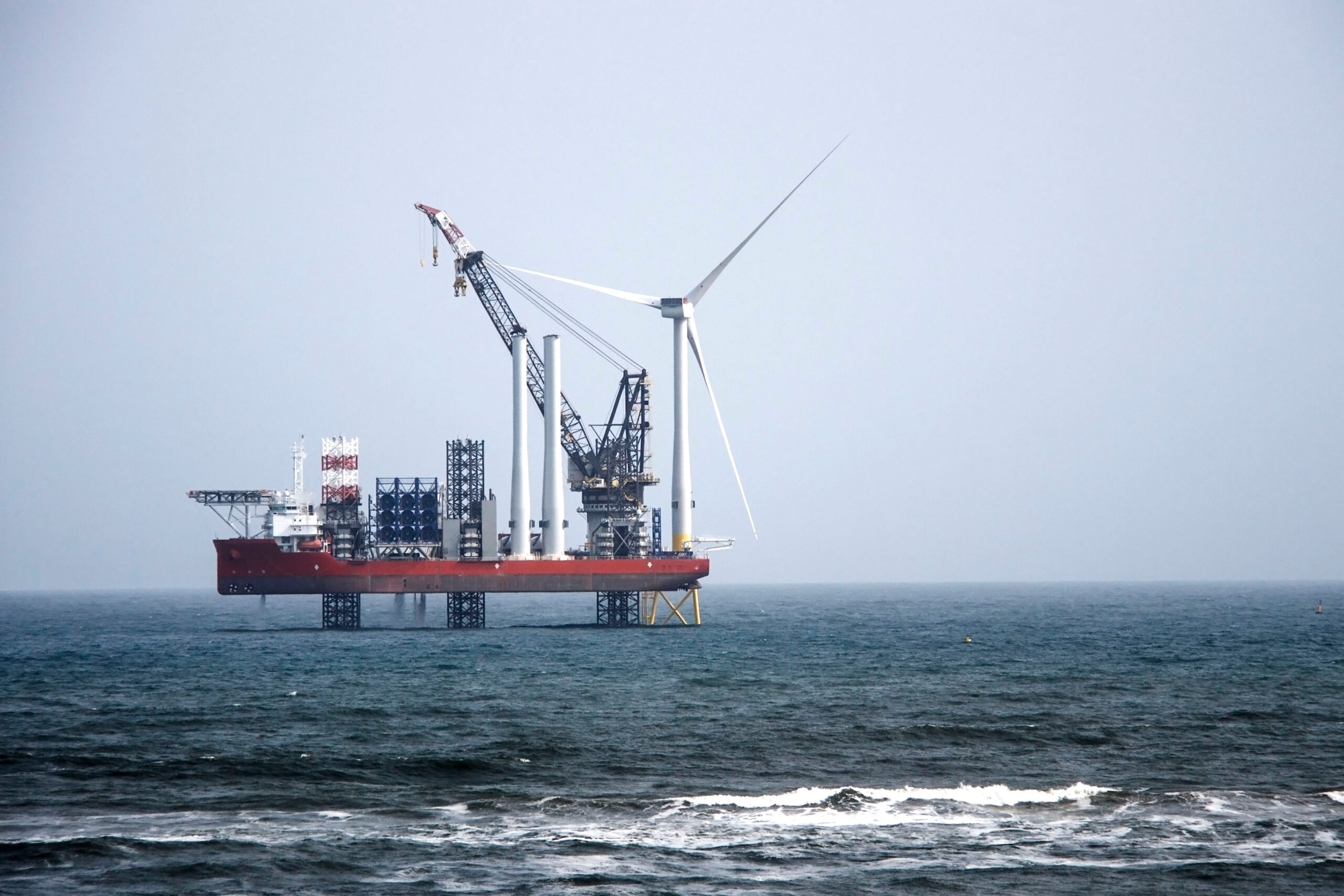 Installation of offshore wind turbine by the worlds largest installation vessel at sea