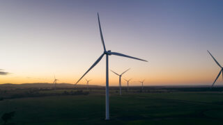 Onshore windfarm at dawn
