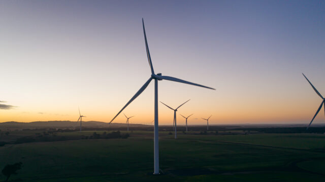 Onshore windfarm at dawn